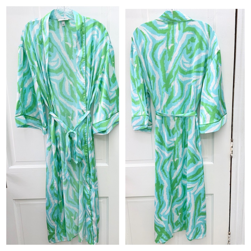 Diane Von Furstenberg Womens Small Blue Green White Zebra Print Long Robe